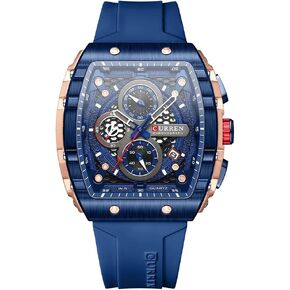 Sports Rectangular Watches with Large Dial Casual Quartz Silicone Bands Wristwatches with Auto Date (Blue)