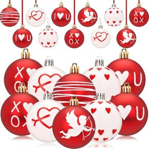 36 Pcs Valentine's Day Tree Ornaments Decorations, 2.36'' Large Hand-Painted Hanging Ornament Bulk Featuring Cupid and XOXO Love Designs, Shatterproof Balls with Red Strings for Party Home Decor