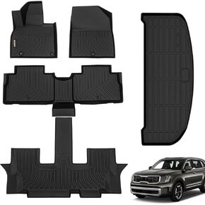 Binmotor-Floor Mats and Cargo Liner Set for 2020-2024 2025 Kia Telluride (7/8 Passenger Seater), Compatible with 2nd Bucket Seats Without Center Console,All Weather Mats Cargo Mat for Kia Telluride
