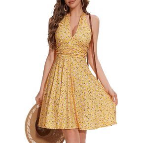 Women's Summer Sundress- 2025 Sexy Halter Sleeveless Spring Boho Elastic Waist Ruffle Mini Dress