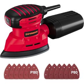 DLS03A Detail Sander, 1.1 Amp Hand Sander with Dust Collector, 12000 RPM Compact Palm Sander with 12 Pcs Sanderpapers, Low Vibration, Lightweight Hand Sander for Wood and Steel - Red