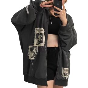 Women's Vintage Harajuku Gothic Y2K Zipper Hoodie Hip Hop Street Spring and Autumn Plus Size Loose Top Zipper Sweater Coat