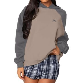Ythomm Womens Bow Graphic Hoodie Color Block Oversized Pullover Sweatshirts Fall Winter Loose Fitted Long Sleeve Hooded Tops