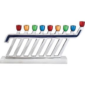 Ner Mitzvah Aluminum Candle Menorah - Silverstone Multicolored Tip - Modern Decorative Menorah for Chanukah - Fits All Standard Chanukah Candles - Gliding Glissando