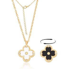 18K Gold Four Leaf Studded Clover Necklace | Double Sided black & white Clover Necklace for Women | Lovely Gift