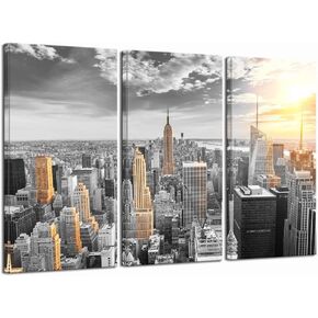 LevvArts Large 3 Piece New York City Canvas Wall Art Modern Black and White NYC at Gold Sunset Picture Prints Cityscape Skyline Poster Framed for Home Office Living Room Decor