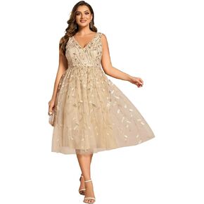 Ever-Pretty A Line V Neck Sleeveless Sequin Plus Size Tulle Midi Length Wedding Guest Dresses for Curvy Women 02106-DA