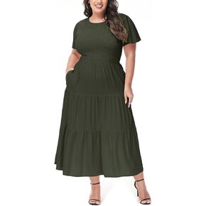 Anna-Kaci Women's Plus Size Casual Round Neck Flutter Short Sleeve Elastic Waist Smocked Tiered Maxi Dress