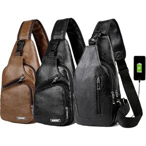 Peicees Pack of 3 Medium Leather Sling Bag Mens Crossbody Bag Chest Bag Sling Backpack for Men with USB Charge Port, Medium Classic Light Brown & Classic Black & Vertical Zipper Black