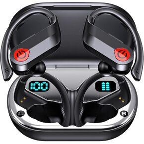 EUQQ Wireless Earbuds Bluetooth Headphones Sports Over-Ear Bluetooth 5.3 Ear Buds with Earhooks 120H Playtime Wireless Headphones for Workout Waterproof Bluetooth LED Power Display, Black