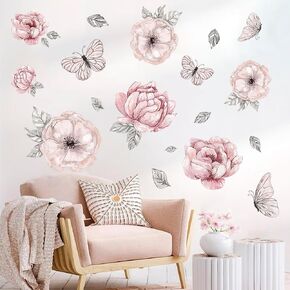 Large Boho Flower Wall Decals Pink Flower Butterfly Wall Stickers for Girls Baby Room Peel and Stick Peony Floral Wall Art Sticker Vinyl Wall Decal for Nursery Bedroom Kitchen Living Room Wall Decor