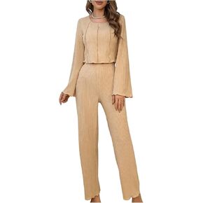 Verdusa Women's 2 Piece Ribbed Lounge Sets Round Neck Bell Sleeve Top and Pants Pajamas Set