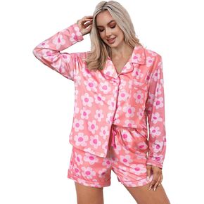 Womens Pajama Sets Flower Print Pajama Drawstring Waist Lounge Set Long Sleeve Tops and Shorts Pj Set Loungewear（Pink,M