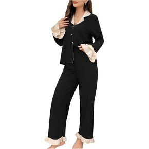 MakeMeChic Women's Two Piece Pajama Set Bell Sleeve Ruffle Tiered Button Down Shirt and Pants Sets Loungewear