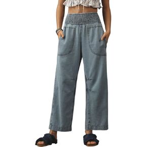 LifeShe Women Wide Leg Baggy Jeans Smocked High Waist Barrel Jean Y2K Boyfriend Denim Pants with Pockets