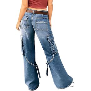 Flamingals Women's High Waist Jeans Tape Flap Pocket Buckle Straight Cargo Jeans for Women Mid Blue