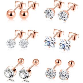 Tornito 6 Pairs Stainless Steel Stud Earrings CZ Ball Earring Set For Men Women 4MM/6MM/8MM Silver Rose Gold Tone