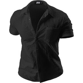 JOGAL Men's Casual Button Down Muscle Fit Shirts Short Sleeve Solid Lightweight Shirts Textured Summer Beach Wedding Shirts