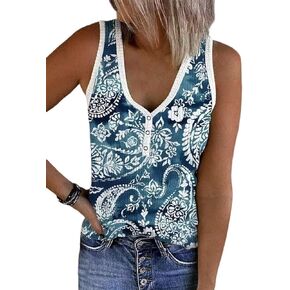 Womens Paisley Floral Snap Button Tank Top Summer Casual Trendy V Neck Sleeveless Shirt Loose Flower Print Graphic Vest