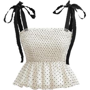 Verdusa Women's Tie Shoulder Polka Dots Peplum Sleeveless Top Shirred Ruffle Hem Cami Tops