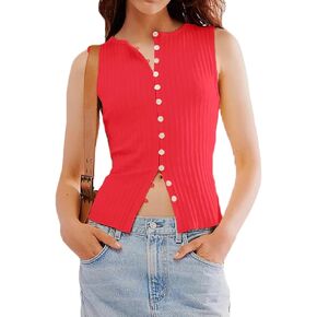 Women Button Down Ribbed Knit Tank Top Summer Slim Fit Sleeveless Round Neck Button Up Tank Vest Streetwear