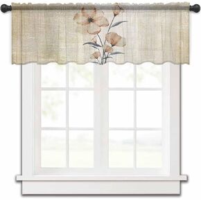 Retro Brown Floral Valance Curtains for Kitchen/Living Room/Bathroom/Bedroom Window,Rod Pocket Small Topper Half Short Window Curtains Voile Sheer Scarf, Contemporary Spring Garden Herbs 54"x18"