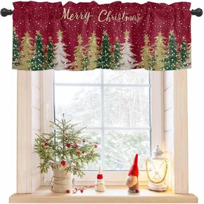 Merry Christmas Tree Valance for Kitchen,Winter Snow Red Curtain Valance Rod Pocket Window Valances,Xmas Tree Short Curtains for Bedroom Bathroom Living Room 42x12IN,1 Panel