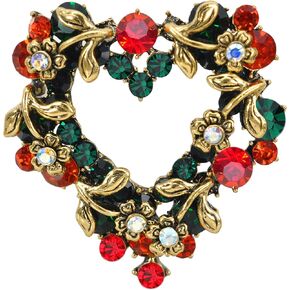 Gyn&Joy Emerald Red Colored Crystal Flower Heart Wreath Brooch Pin