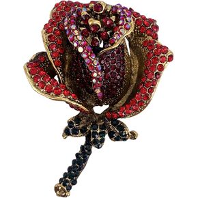 SELOVO Elegant Women Red Rose Flower Brooch Pin Rhinestone Gold Tone