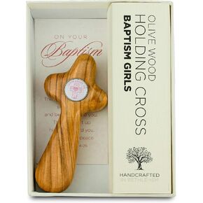 Olive Wood Boys Baptism Cross – Deluxe Handcrafted Holy Land Wooden Cross From Bethlehem – Handheld Boys Baptism Keepsake w/ Certificate & Scripture Card – Ideal Catholic Baptism Gifts for Boys