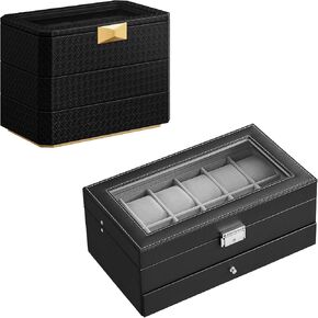 صندوق ساعة SONGMICS مكون من 12 فتحة وحزمة صندوق ساعة مكونة من 3 طبقات، علبة ساعة قابلة للقفل مع غطاء زجاجي، علبة ساعة قابلة للتكديس 8 فتحات، فكرة هدية، سطح أسود بالحبر، بطانة رمادية وسوداء بالحبر UJWB012 وUJWB021B01 in Kuwait
