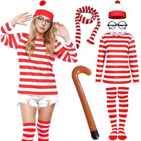 Adult Men Red and White Striped Long Sleeve Tee Shirt Funny Halloween Costumes Cosplay Sweatshirt 5 PCS Set