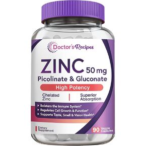 Doctor’s Recipes Zinc 50mg, Highly Absorbable Zinc Picolinate & Gluconate, Supports Natural Immune Defense, DNA & Protein Formation, Cell Growth, Non-GMO, 120 Veggie Capsules