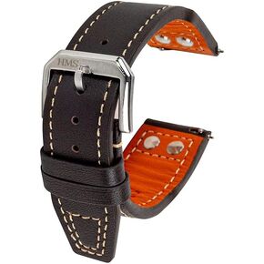HMS, Classic Pilot Leather Watch Strap with Studs, 20mm/22mm, Black/Brown