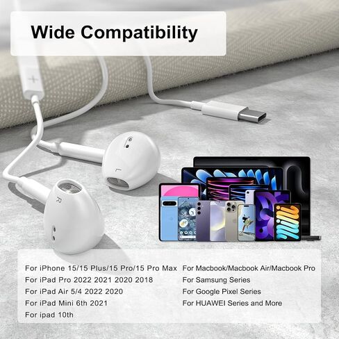 سماعات رأس USB C سلكية لسلسلة iPhone 16/15، لجهاز iPad Pro Air 5/4/Mini 6/iPad 10th، سماعات أذن من النوع C لجهاز MacBook Pro/air، ميكروفون التحكم، مستوى الصوت، الموسيقى in Kuwait