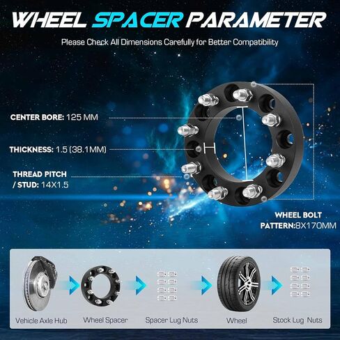 8x170 to 8x6.5 1.5 inch Wheel Spacers 125mm Bore for 1999-2022 F250 F350 & Super Duty (Only with M14x1.5 Lugs), 14x1.5 Studs 8 Lugs Wheel Adapters fits 2003-2005 Excursion, Set of 4 in Saudi Arabia