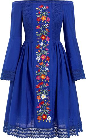 ABAFIP Women's Mexican Embroidered Off Shoulder Long Sleeve Floral Embroidery Fiesta Cinco De Mayo Dress in Kuwait