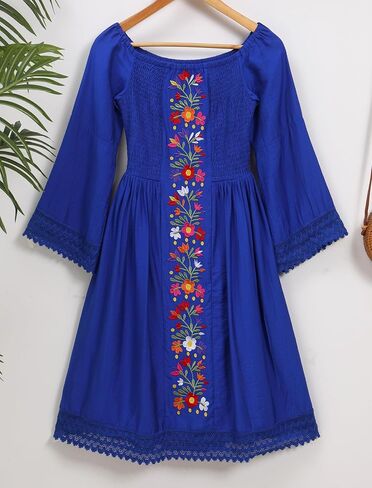 ABAFIP Women's Mexican Embroidered Off Shoulder Long Sleeve Floral Embroidery Fiesta Cinco De Mayo Dress in Kuwait
