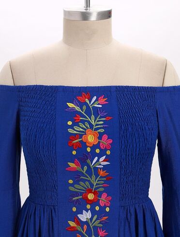 ABAFIP Women's Mexican Embroidered Off Shoulder Long Sleeve Floral Embroidery Fiesta Cinco De Mayo Dress in Kuwait