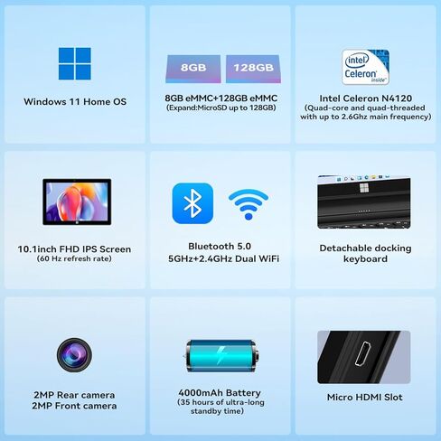 جهاز لوحي ADREAMER Windows 11 بشاشة لمس 10.1 بوصة عالية الدقة، ذاكرة وصول عشوائي 8 جيجابايت + 128 جيجابايت SSD، لوحة مفاتيح قابلة للفصل، Intel N4120، نوع C+USB+HDMI، محمول للعمل والدراسة باستخدام الحاسب الآلي والاستخدام المنزلي in Saudi Arabia