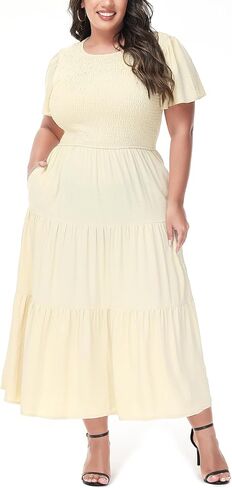 Anna-Kaci Women's Plus Size Casual Round Neck Flutter Short Sleeve Elastic Waist Smocked Tiered Maxi Dress in Saudi Arabia