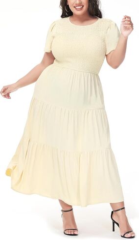 Anna-Kaci Women's Plus Size Casual Round Neck Flutter Short Sleeve Elastic Waist Smocked Tiered Maxi Dress in Saudi Arabia