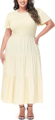 Anna-Kaci Women's Plus Size Casual Round Neck Flutter Short Sleeve Elastic Waist Smocked Tiered Maxi Dress in Saudi Arabia