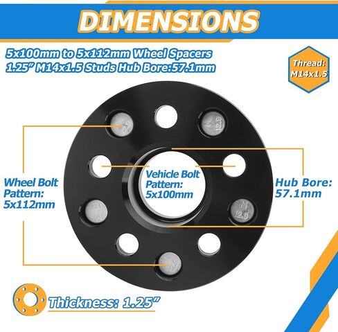 YIZBAP 4 قطع 5 × 100 إلى 5 × 112 محولات عجلة، 1.25 بوصة 5 × 100 مم إلى 5 × 112 مم محولات عجلة مركزية 57.1 مم مع مسافة خيط M14x1.5 in Kuwait