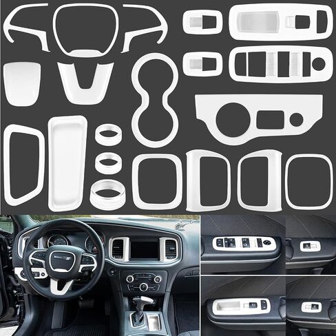 20PCS Full Set Interior Accessories Trim Kit fit for Dodge Charger 2015-2024 | Headlight Window Lift Control Switches Gear Shift Cup Holder Air Conditioning Vent Outlets Covers (White) in Kuwait