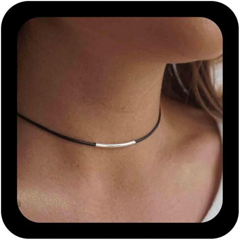 Vintage Leather Choker Necklace Gold Bar Choker Necklace Short Black Leather Bar Necklace Boho Necklace Jewelry for Women and Girls (Gold) in Kuwait
