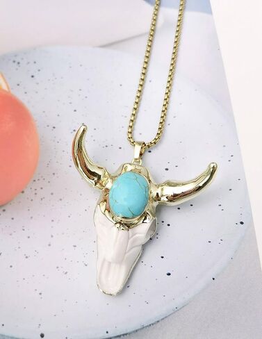 Turquoise Necklace, Vintage Bull Necklace Skull Jewelry for Men, Boho Western Turquoise Necklace for Spiritual Jewelry, Turquoise Necklace for Women, December Birthstone Necklace for Turquoise Jewelry Gifts in Kuwait
