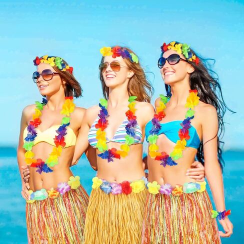 Pusuny 2 Sets Hawaiian Hula Grass Skirt for Luau Party Costume Set Hawaiian Leis for Luau Tropical Beach Party Decorations in Saudi Arabia