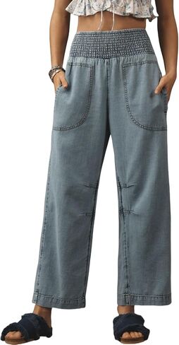 LifeShe Women Wide Leg Baggy Jeans Smocked High Waist Barrel Jean Y2K Boyfriend Denim Pants with Pockets in Saudi Arabia