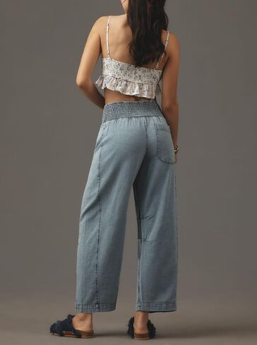 LifeShe Women Wide Leg Baggy Jeans Smocked High Waist Barrel Jean Y2K Boyfriend Denim Pants with Pockets in Saudi Arabia